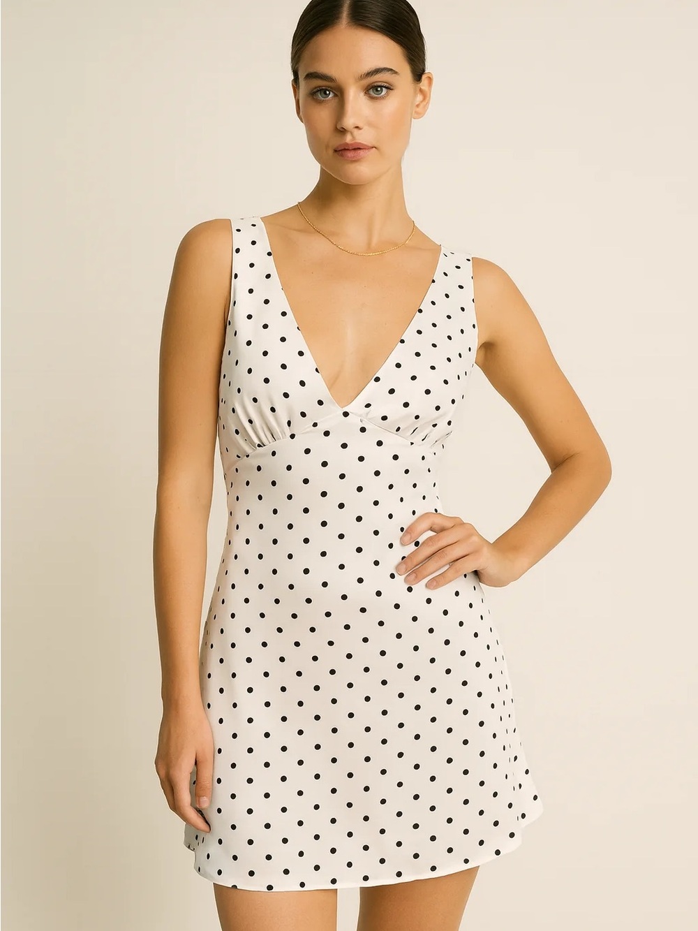 Polka Dot V-Neck Mini Dress in White and Black
